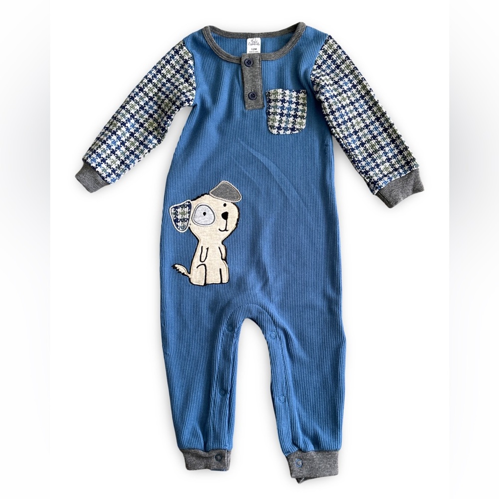 Baby Essentials 18M boy blue ribbed one-piece outfit with a dog appliq…
